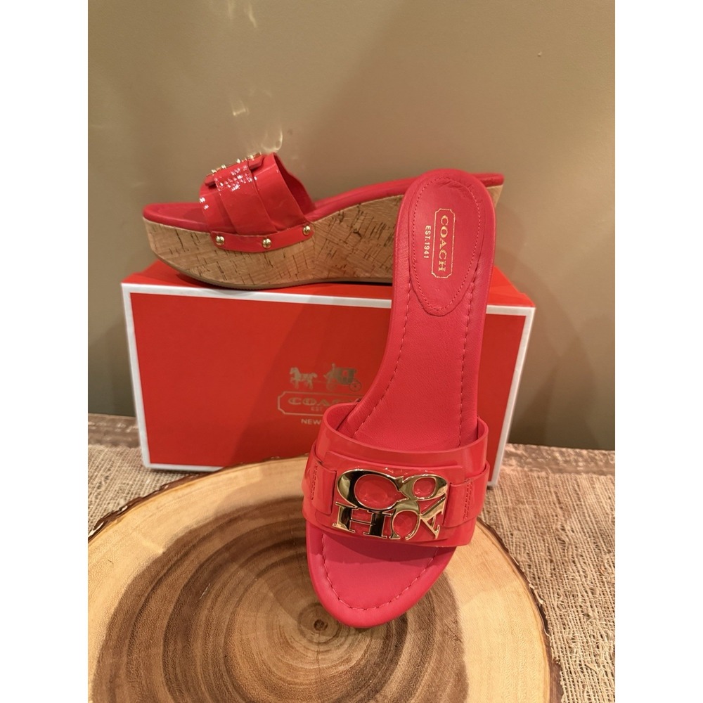 Coach Red Patent Leather Wedge Sandals Slides Gold Coach Logo Womens 7.5 Rare